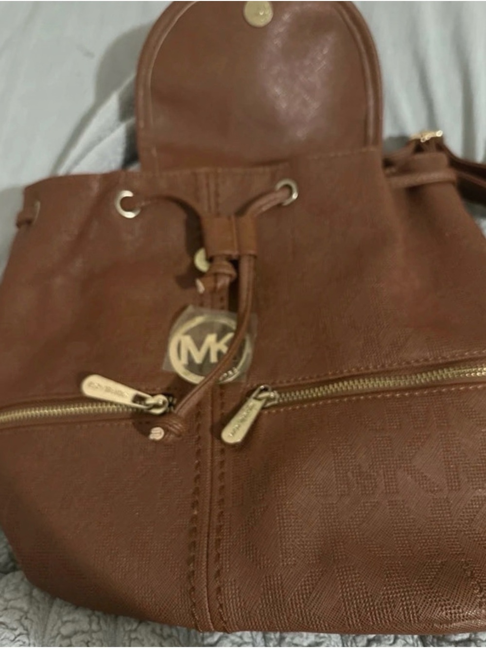 Michael Kors Cognac Leather Drawstring Backpack with Gold Hardware